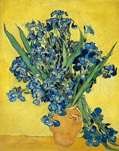 Stillleben, Vase mit Schwertlilien vor gelbem Hintergrund Vincent van Gogh